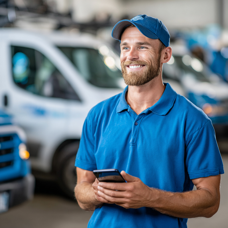 HVAC professional with a happy expression over the positive results of his CRM