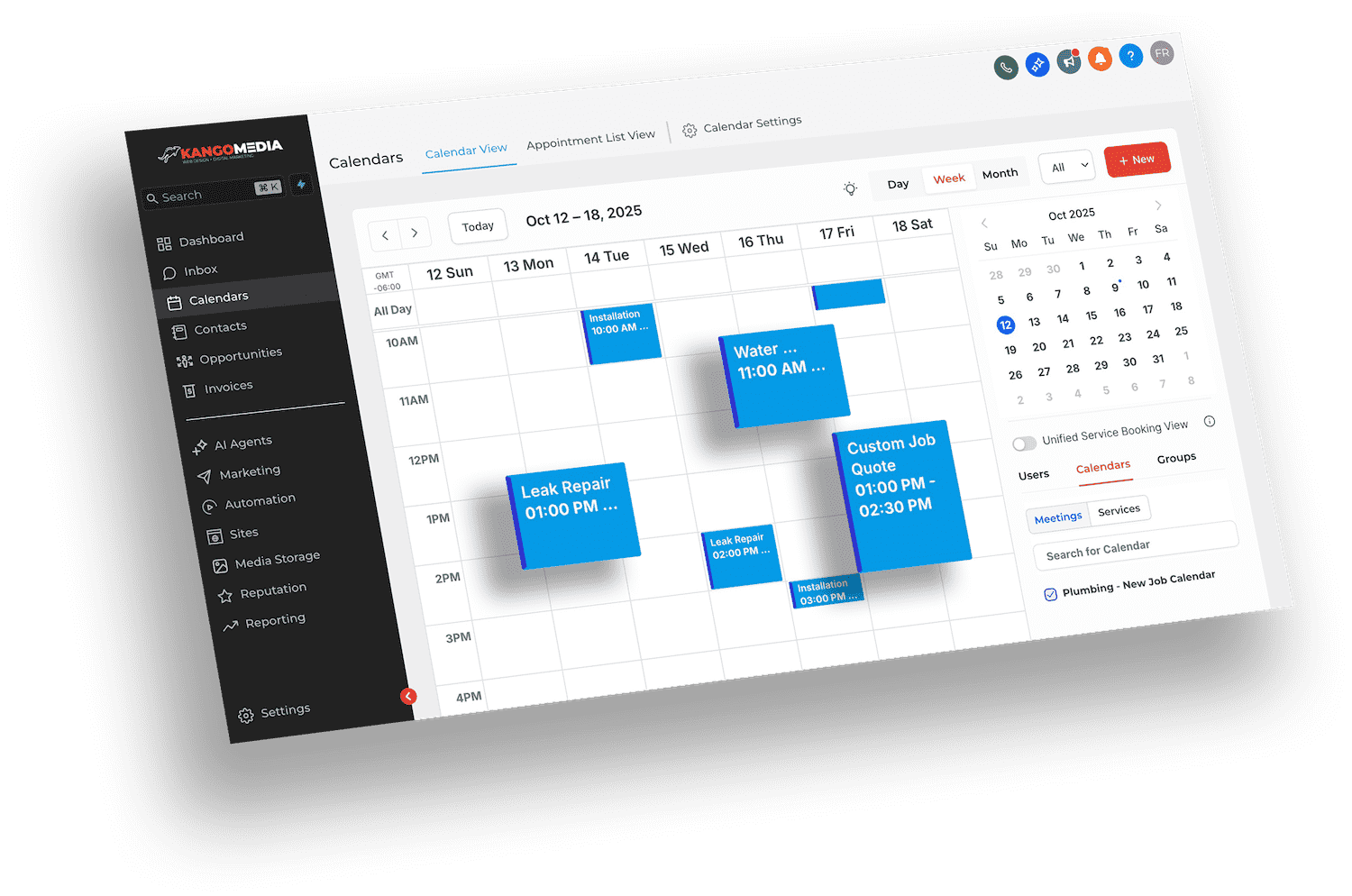 KangoMedia CRM calendar showing automated job scheduling and service appointments for home service businesses.