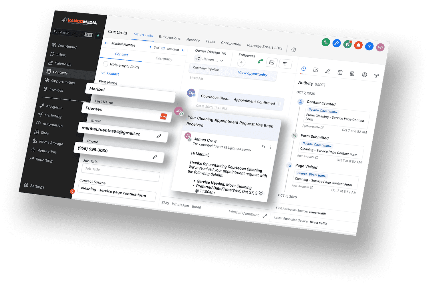 KangoMedia CRM contact dashboard showing customer communication history and appointment confirmation messages.