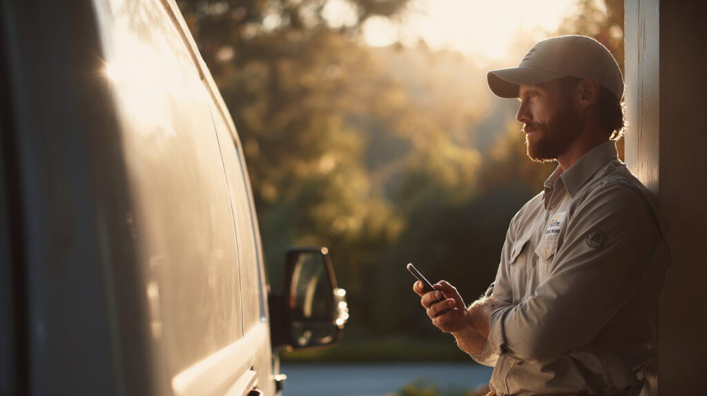 Contractor by service van checking phone at golden hour, showing fast follow-up from a connected marketing system.