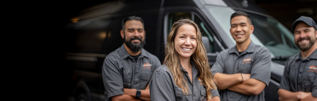 Professional home service team of four HVAC contractors in branded uniforms standing in front of service van