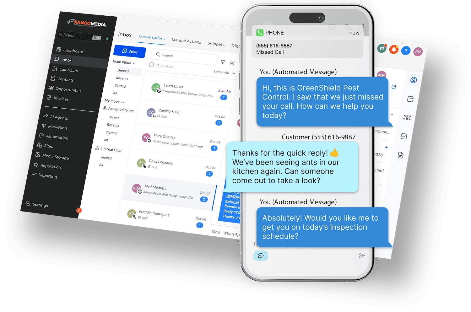 KangoMedia CRM missed call text-back automation showing instant customer text replies and scheduling conversations.